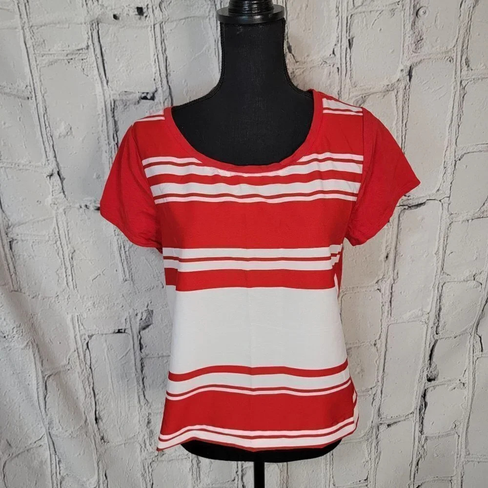 Tommy Hilfiger Red White Short Sleeve Blouse Shirt Classic Preppy Contrast Top L